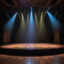 A grand, beautifully designed stage with multicolored spotlights, intricate backdrop, and a large, polished wooden floor under a cascade of light.