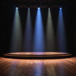 A grand, beautifully designed stage with multicolored spotlights, intricate backdrop, and a large, polished wooden floor under a cascade of light.