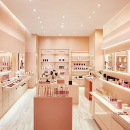 Elegant minimalist cosmetic shop, with clean lines, subtle color scheme, and tastefully arranged beauty products.