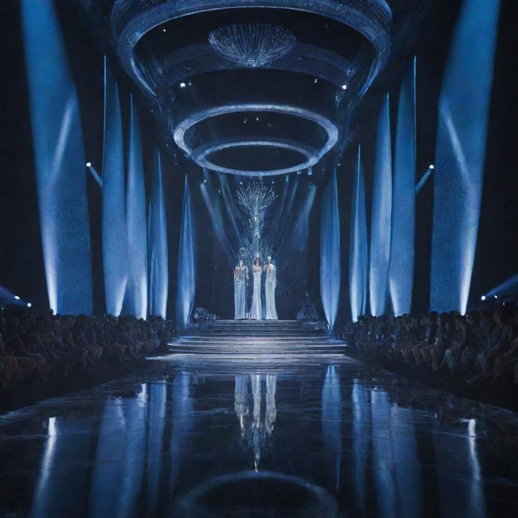 A modern, sleek design of the Miss Universe stage with a long, bright runway extending, draped in ambient lighting and futuristic decoration.