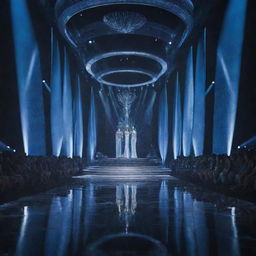 A modern, sleek design of the Miss Universe stage with a long, bright runway extending, draped in ambient lighting and futuristic decoration.