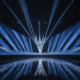 A modern, sleek design of the Miss Universe stage with a long, bright runway extending, draped in ambient lighting and futuristic decoration.