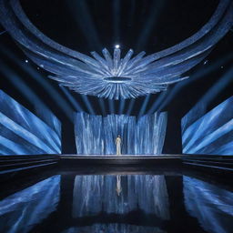 A modern, sleek design of the Miss Universe stage with a long, bright runway extending, draped in ambient lighting and futuristic decoration.