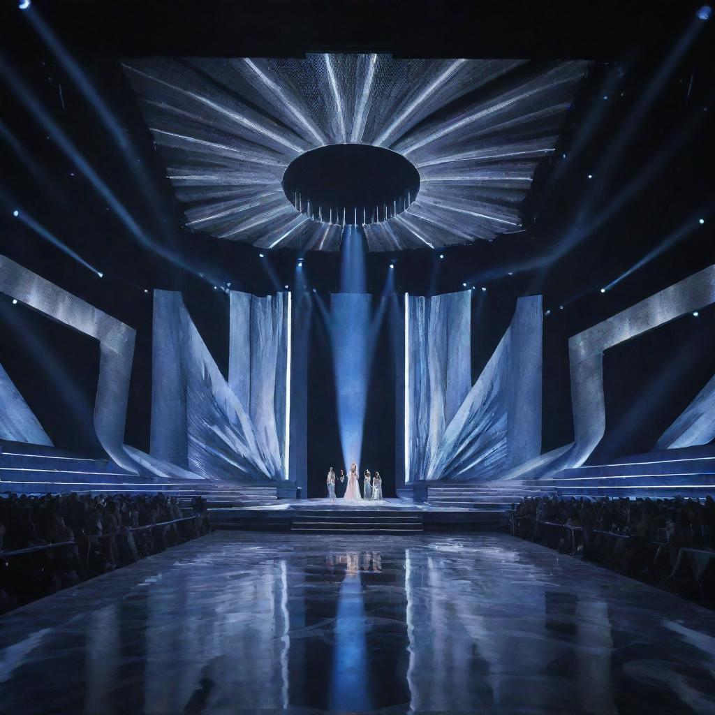 A modern, sleek design of the Miss Universe stage with a long, bright runway extending, draped in ambient lighting and futuristic decoration.