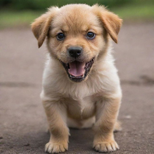 The puppy now at the peak of its anger, its eyes glowing fiercely, teeth bared in a full-blown snarl, hackles raised, and body held in a confrontational stance.