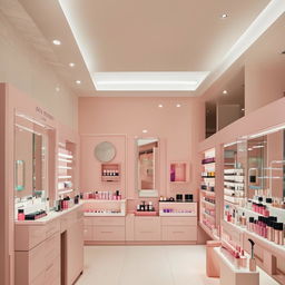 Elegant minimalist cosmetic shop, with clean lines, subtle color scheme, and tastefully arranged beauty products.