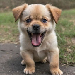 The puppy now at the peak of its anger, its eyes glowing fiercely, teeth bared in a full-blown snarl, hackles raised, and body held in a confrontational stance.