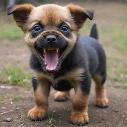 The puppy now at the peak of its anger, its eyes glowing fiercely, teeth bared in a full-blown snarl, hackles raised, and body held in a confrontational stance.