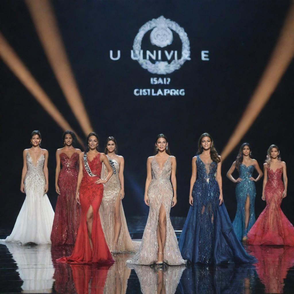 A modern Miss Universe stage with a long runway spotlighted, featuring 15 elegantly dressed delegates in their stunning evening gowns, poised and confident.