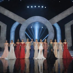 A modern Miss Universe stage with a long runway spotlighted, featuring 15 elegantly dressed delegates in their stunning evening gowns, poised and confident.