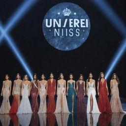 A modern Miss Universe stage with a long runway spotlighted, featuring 15 elegantly dressed delegates in their stunning evening gowns, poised and confident.