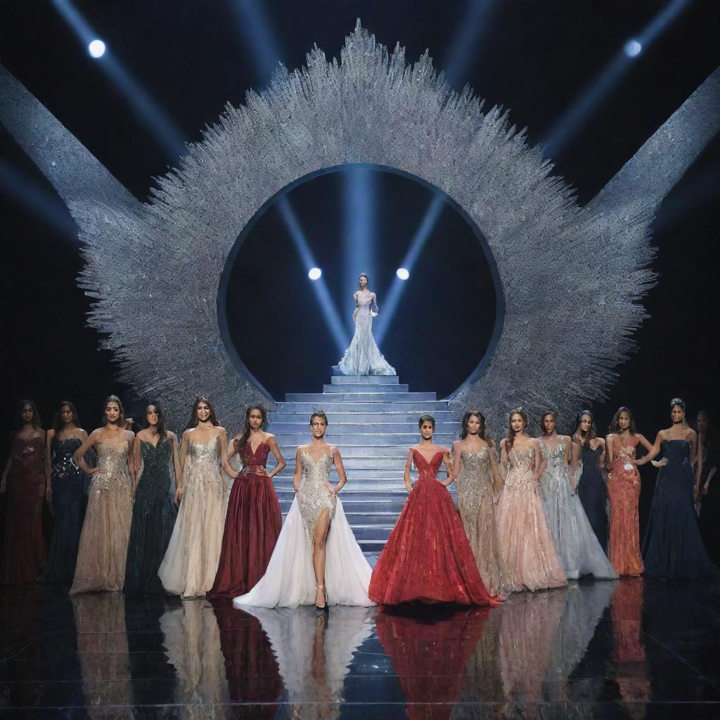 A modern Miss Universe stage with a long runway spotlighted, featuring 15 elegantly dressed delegates in their stunning evening gowns, poised and confident.