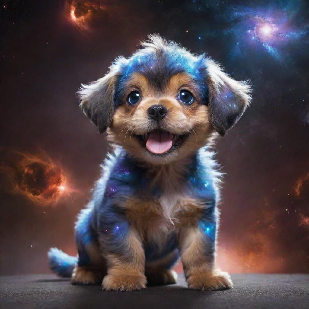 A colossal cosmic monster puppy, glowing with celestial energy, its fur resembling swirling galaxies, eyes burning with starlight, and a presence looming over planetary objects.