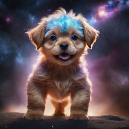 A colossal cosmic monster puppy, glowing with celestial energy, its fur resembling swirling galaxies, eyes burning with starlight, and a presence looming over planetary objects.