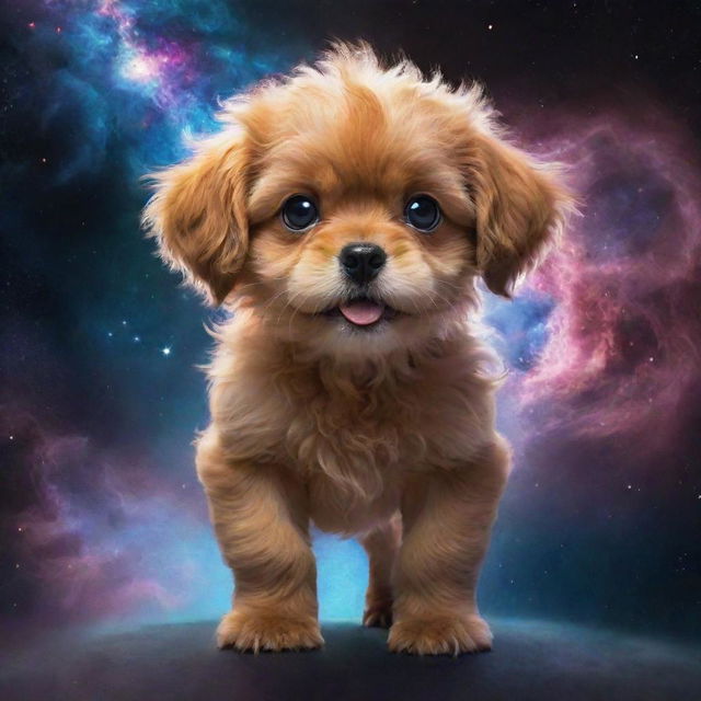 A colossal cosmic monster puppy, glowing with celestial energy, its fur resembling swirling galaxies, eyes burning with starlight, and a presence looming over planetary objects.