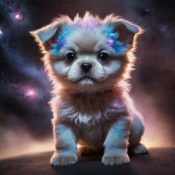 A colossal cosmic monster puppy, glowing with celestial energy, its fur resembling swirling galaxies, eyes burning with starlight, and a presence looming over planetary objects.