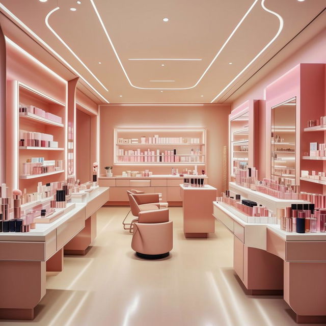 Elegant minimalist cosmetic shop, with clean lines, subtle color scheme, and tastefully arranged beauty products.