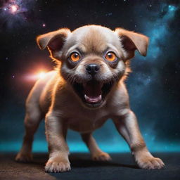 The colossal cosmic monster puppy now embodies terror, with intensely glowing eyes that pierce through the cosmos, sharp planetary-sized teeth exposed, and a chilling otherworldly aura that strikes fear into the hearts of celestial beings.