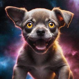 The colossal cosmic monster puppy now embodies terror, with intensely glowing eyes that pierce through the cosmos, sharp planetary-sized teeth exposed, and a chilling otherworldly aura that strikes fear into the hearts of celestial beings.