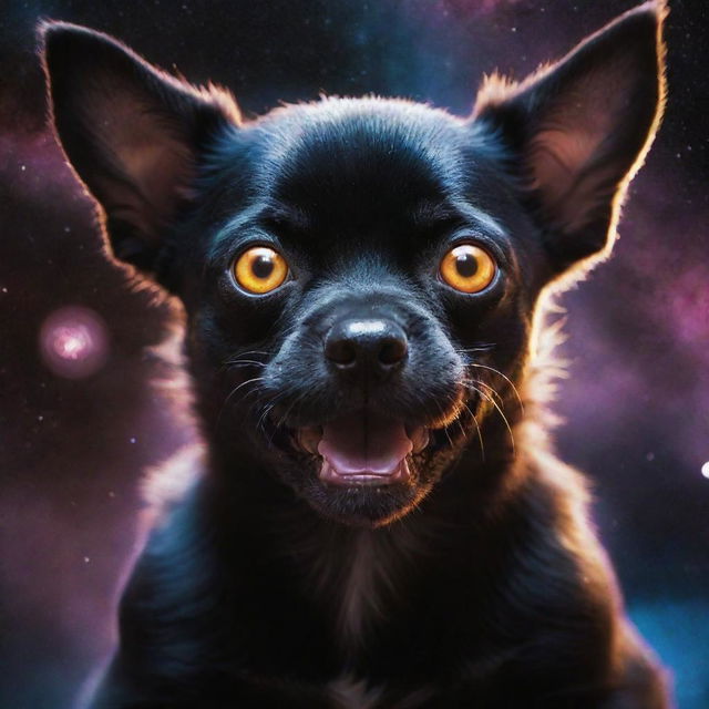 The colossal cosmic monster puppy now embodies terror, with intensely glowing eyes that pierce through the cosmos, sharp planetary-sized teeth exposed, and a chilling otherworldly aura that strikes fear into the hearts of celestial beings.