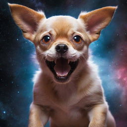 The colossal cosmic monster puppy now embodies terror, with intensely glowing eyes that pierce through the cosmos, sharp planetary-sized teeth exposed, and a chilling otherworldly aura that strikes fear into the hearts of celestial beings.