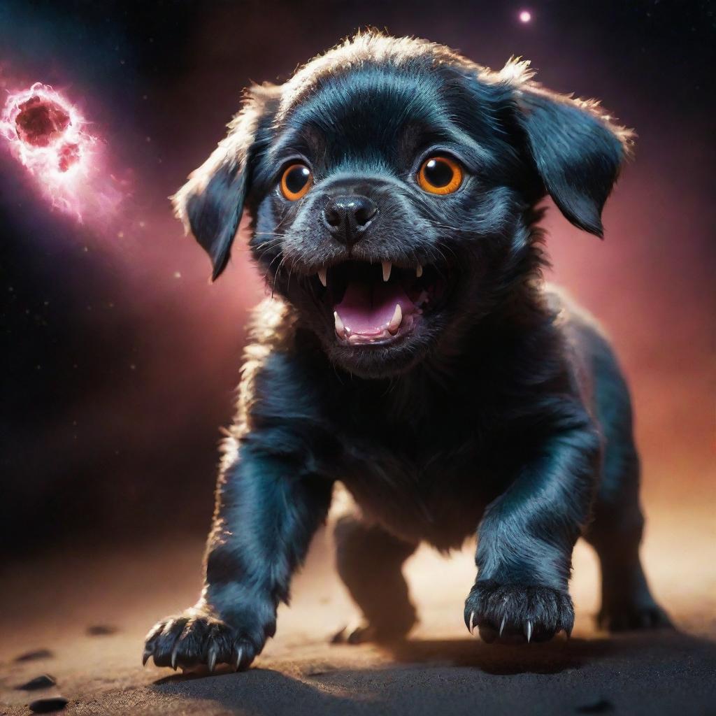 The cosmic monster puppy has transformed into the ultimate embodiment of cosmic horror. Its glowing eyes blaze with an awful light, its teeth resemble deadly asteroids, and its sheer size dwarfs galaxies, sending a wave of indescribable fear across the universe.