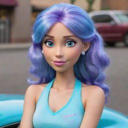 A human version of Sally Carrera, the character from Pixar's movie Cars, with her signature color scheme of aqua blue and light purple.