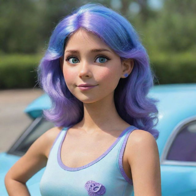 A human version of Sally Carrera, the character from Pixar's movie Cars, with her signature color scheme of aqua blue and light purple.