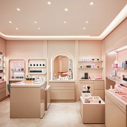 Elegant minimalist cosmetic shop, with clean lines, subtle color scheme, and tastefully arranged beauty products.