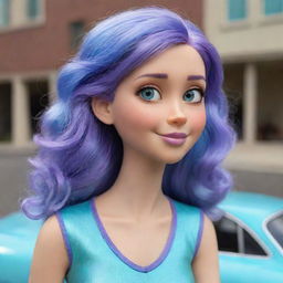 A human version of Sally Carrera, the character from Pixar's movie Cars, with her signature color scheme of aqua blue and light purple.