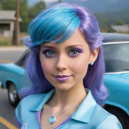 A human version of Sally Carrera, the character from Pixar's movie Cars, with her signature color scheme of aqua blue and light purple.