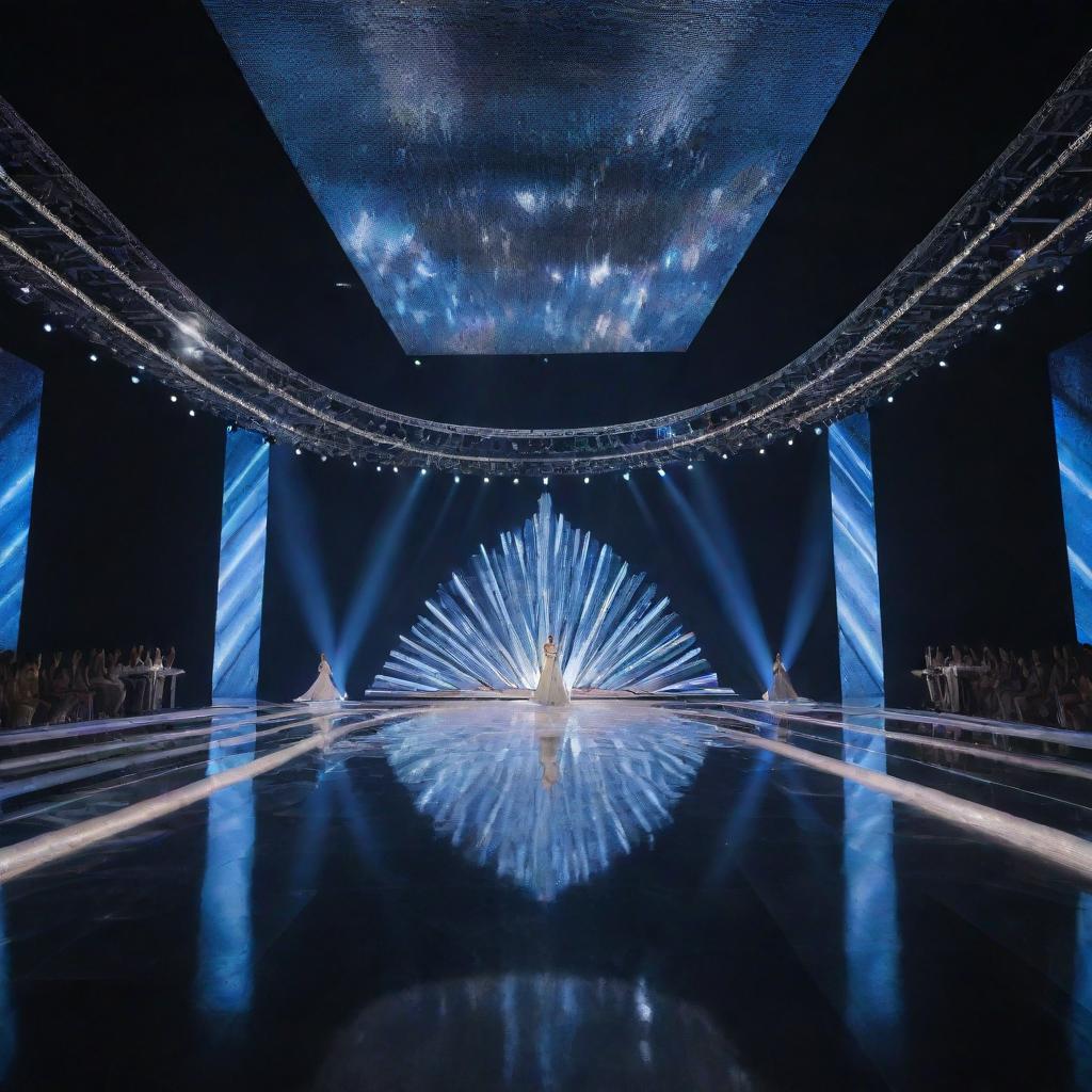 A modern, sophisticated Miss Universe stage with a lengthy, luminously lit runway, adorned with contemporary designs and radiant lights.