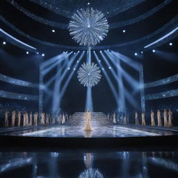 A modern, sophisticated Miss Universe stage with a lengthy, luminously lit runway, adorned with contemporary designs and radiant lights.