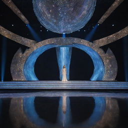 A modern, sophisticated Miss Universe stage with a lengthy, luminously lit runway, adorned with contemporary designs and radiant lights.