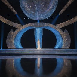 A modern, sophisticated Miss Universe stage with a lengthy, luminously lit runway, adorned with contemporary designs and radiant lights.