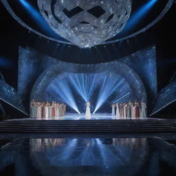 A modern, sophisticated Miss Universe stage with a lengthy, luminously lit runway, adorned with contemporary designs and radiant lights.