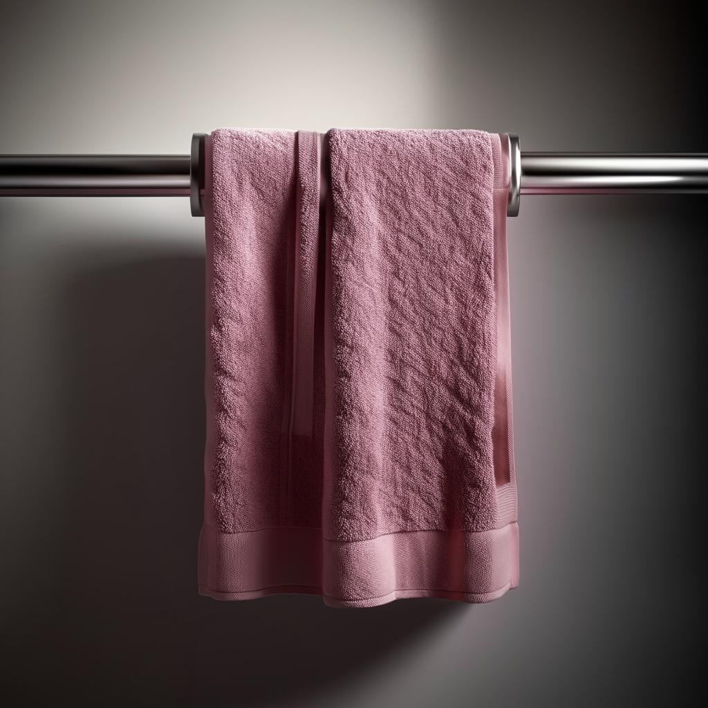 Photorealistic HD 1080p image of a bath towel hanging on a rail, with a focus on texture and fabric detail.