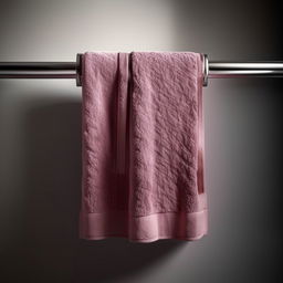 Photorealistic HD 1080p image of a bath towel hanging on a rail, with a focus on texture and fabric detail.