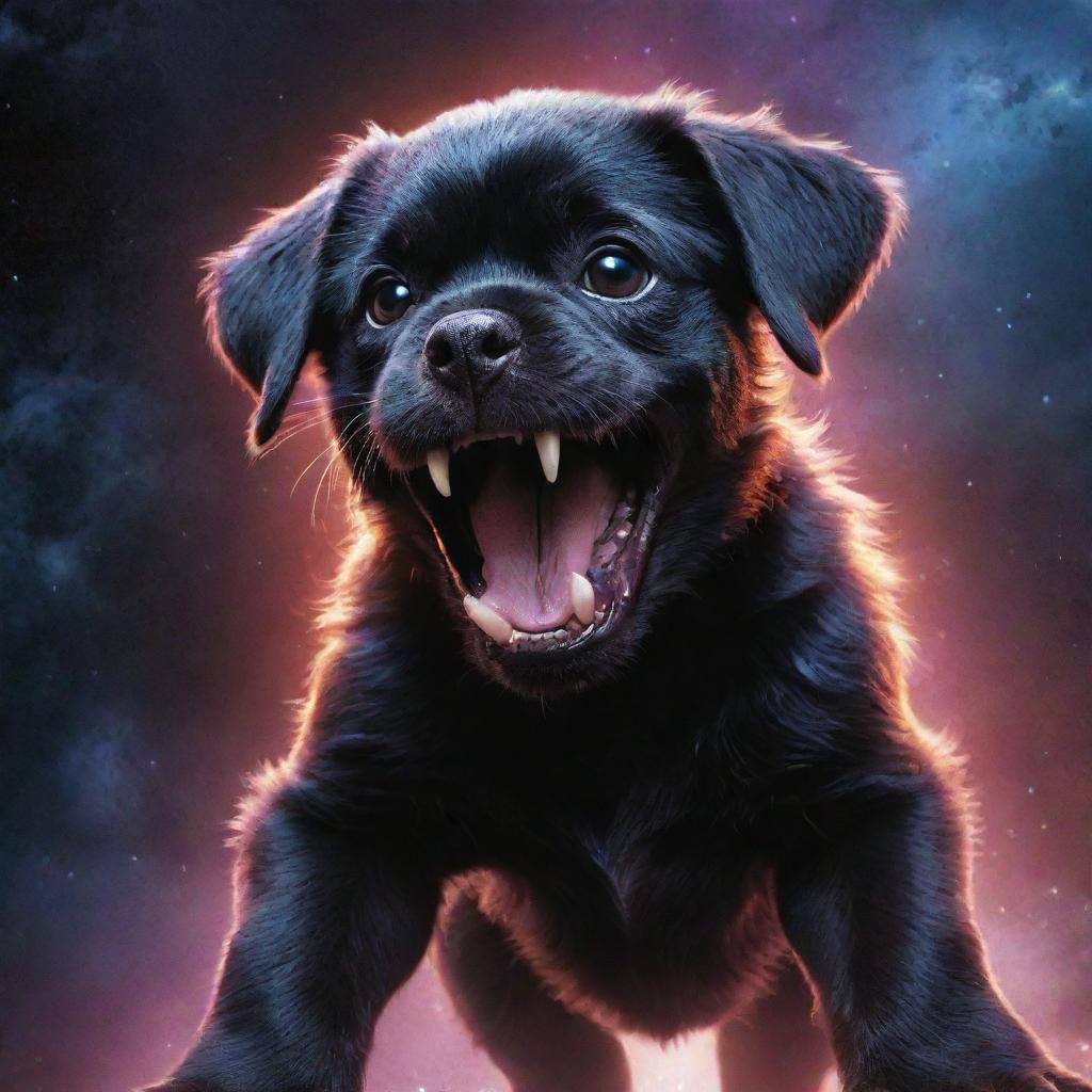 Elevating to an unprecedented level of terror, the cosmic monster puppy becomes an unstoppable force. Rearing up, it opens its massive jaws, revealing void-like depths ready to devour entire galaxies, its radiating energy sparking fear that shakes the foundation of the universe.