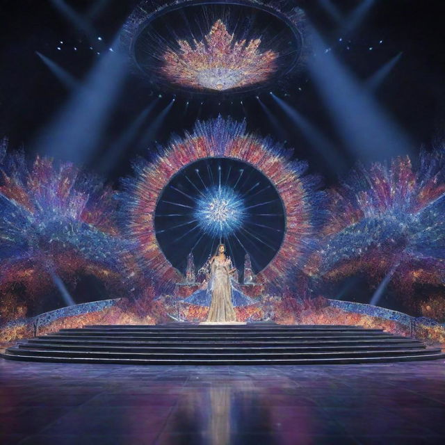 Render an image of the Grand Miss Universe stage, shining with dazzling lights, vibrant colors, and topped with bold, rich designs.