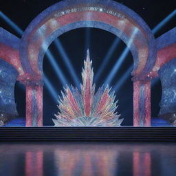 Render an image of the Grand Miss Universe stage, shining with dazzling lights, vibrant colors, and topped with bold, rich designs.