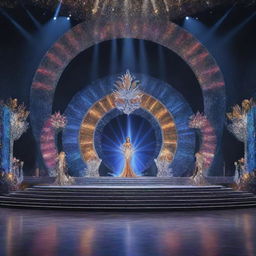 Render an image of the Grand Miss Universe stage, shining with dazzling lights, vibrant colors, and topped with bold, rich designs.