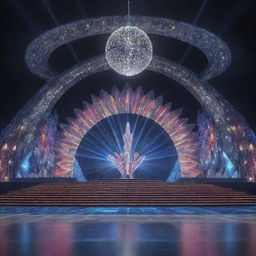 Render an image of the Grand Miss Universe stage, shining with dazzling lights, vibrant colors, and topped with bold, rich designs.