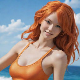 A realistic human interpretation of Nami, the anime character from One Piece, showcasing her vibrant orange hair and athletic attire