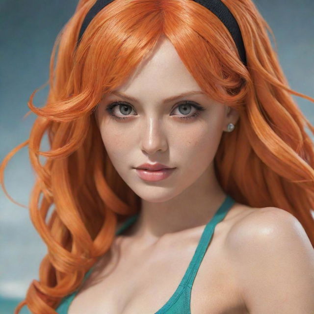 A realistic human interpretation of Nami, the anime character from One Piece, showcasing her vibrant orange hair and athletic attire