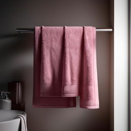 Photorealistic HD 1080p image of a bath towel hanging on a rail, with a focus on texture and fabric detail.