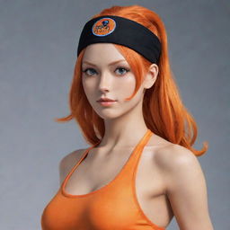 A realistic human interpretation of Nami, the anime character from One Piece, showcasing her vibrant orange hair and athletic attire