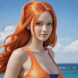 A realistic human interpretation of Nami, the anime character from One Piece, showcasing her vibrant orange hair and athletic attire