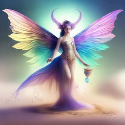 A high-quality digital art piece depicting a whimsical fey creature, intricately detailed with iridescent wings