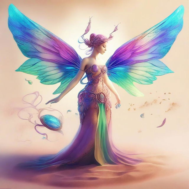 A high-quality digital art piece depicting a whimsical fey creature, intricately detailed with iridescent wings